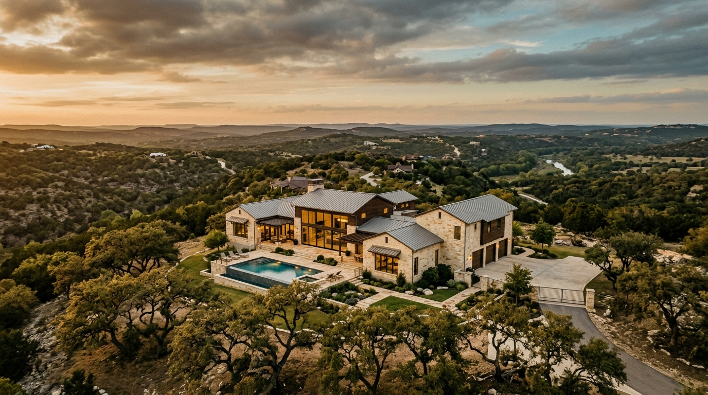 Luxury Texas Hill Country estate at golden hour